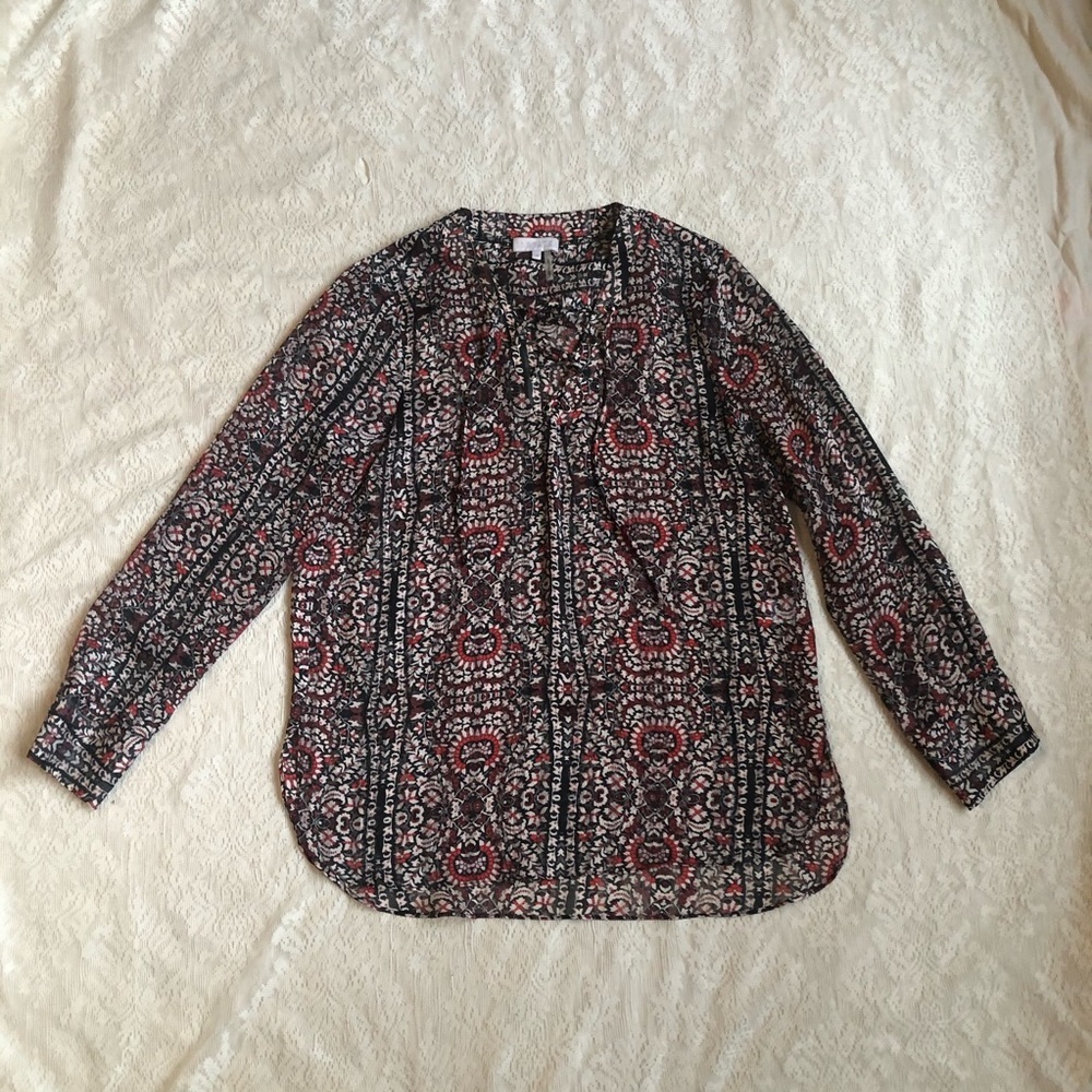 1.State sheer lace up patterned peasant top